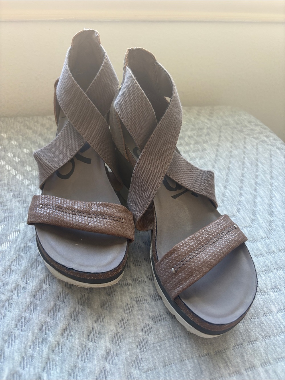 OTBT Taupe and Brown Crisscross Wedge Sandals